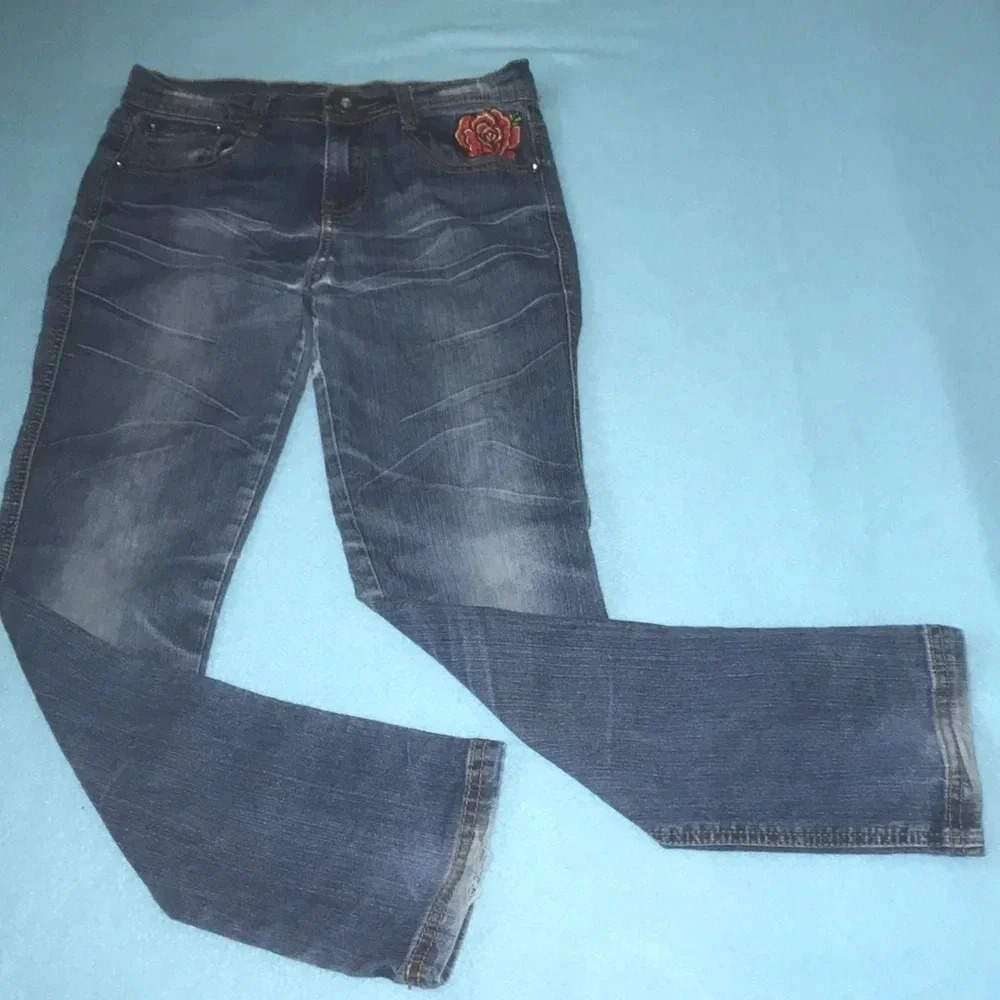FUBU The Collection distressed bling embroidered jeans boot cut size 10